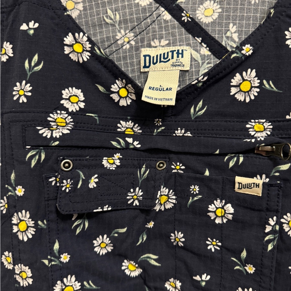 Duluth Trading Company Heirloom Overalls - navy, daisy sz large, regular EUC
